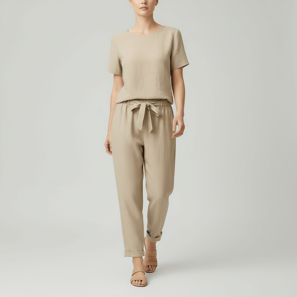 Lizizo | Lniany dwuczęściowy zestaw z bluzką z krótkim rękawem i luźnymi spodniami