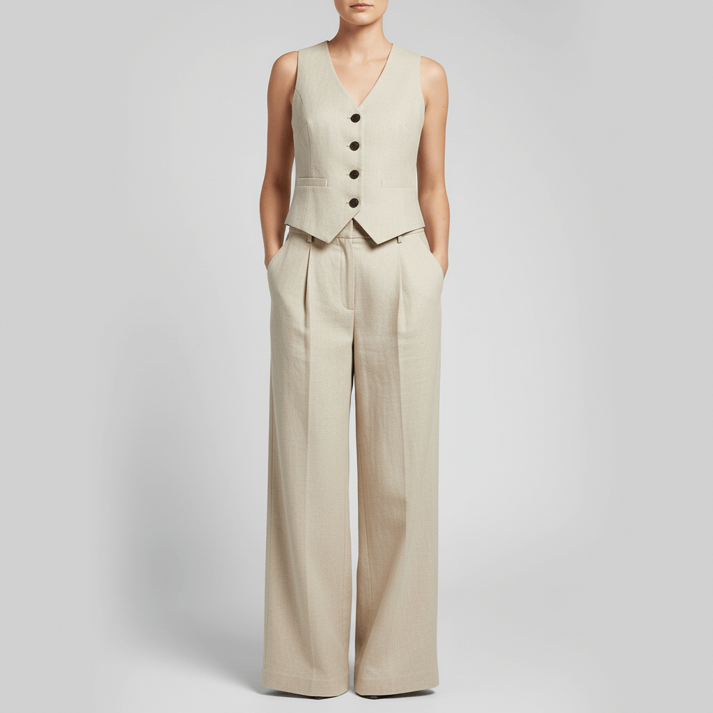 Lizizo | Strukturalna kamizelka i szerokie nogawki zestaw lniany