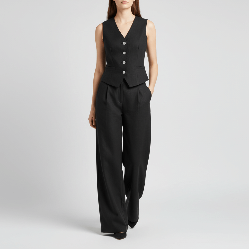 Lizizo | Strukturalna kamizelka i szerokie nogawki zestaw lniany