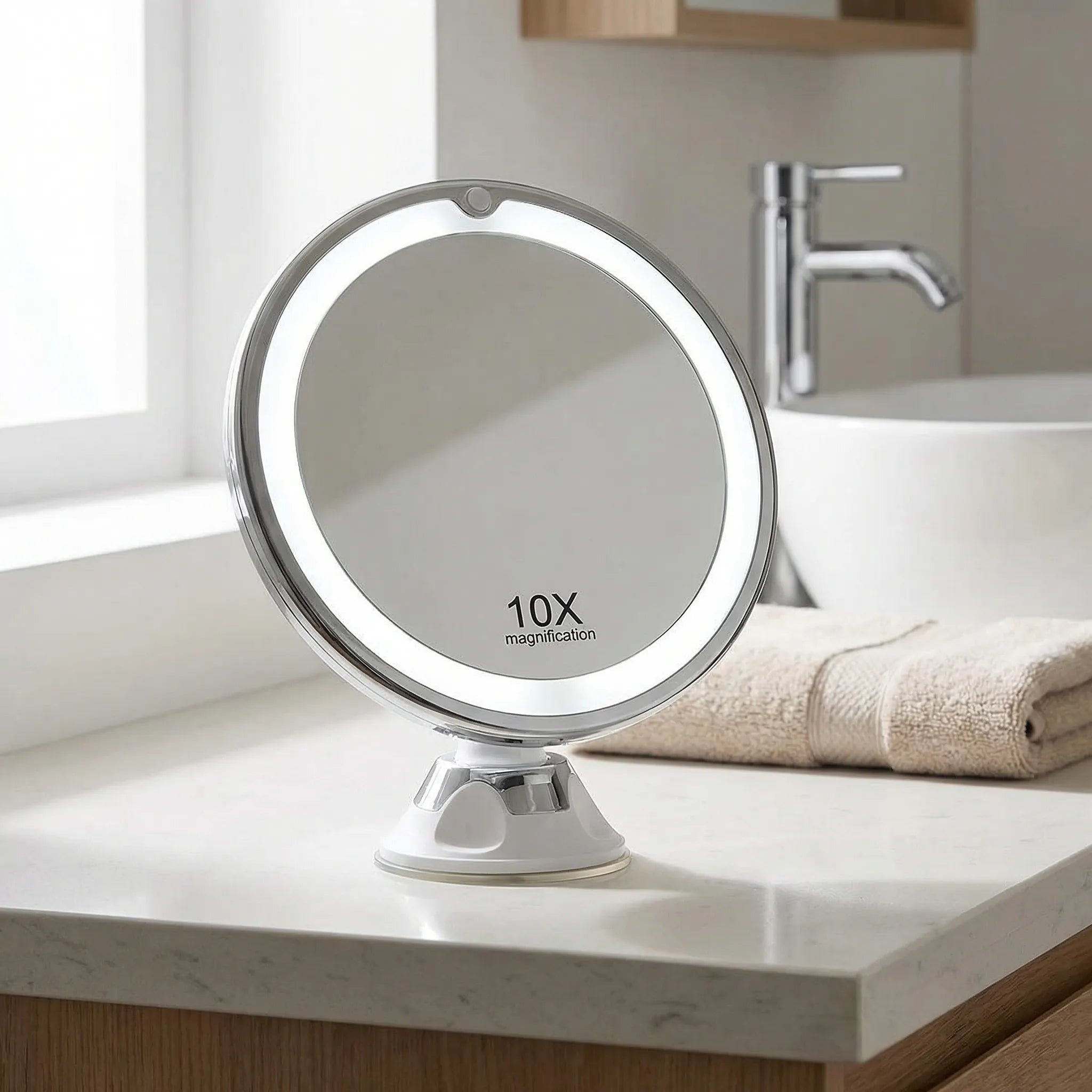 Lusterko kosmetyczne LED 10x - Profesjonalne do makijażu | Podświetlane, z przyssawką, 360 stopni - Idealne do brwi i pielęgnacji