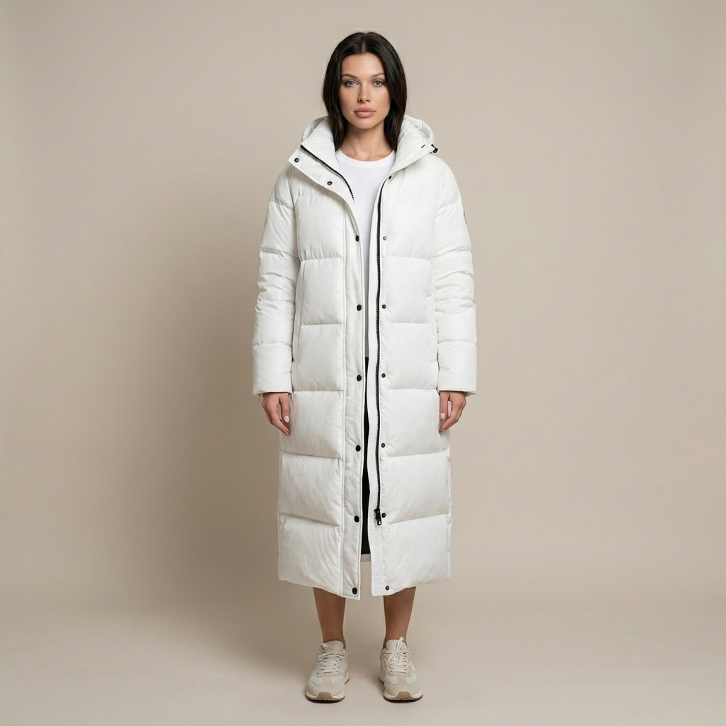 Płaszcz Zimowy Damski Długi Pikowany Maxi z Kapturem