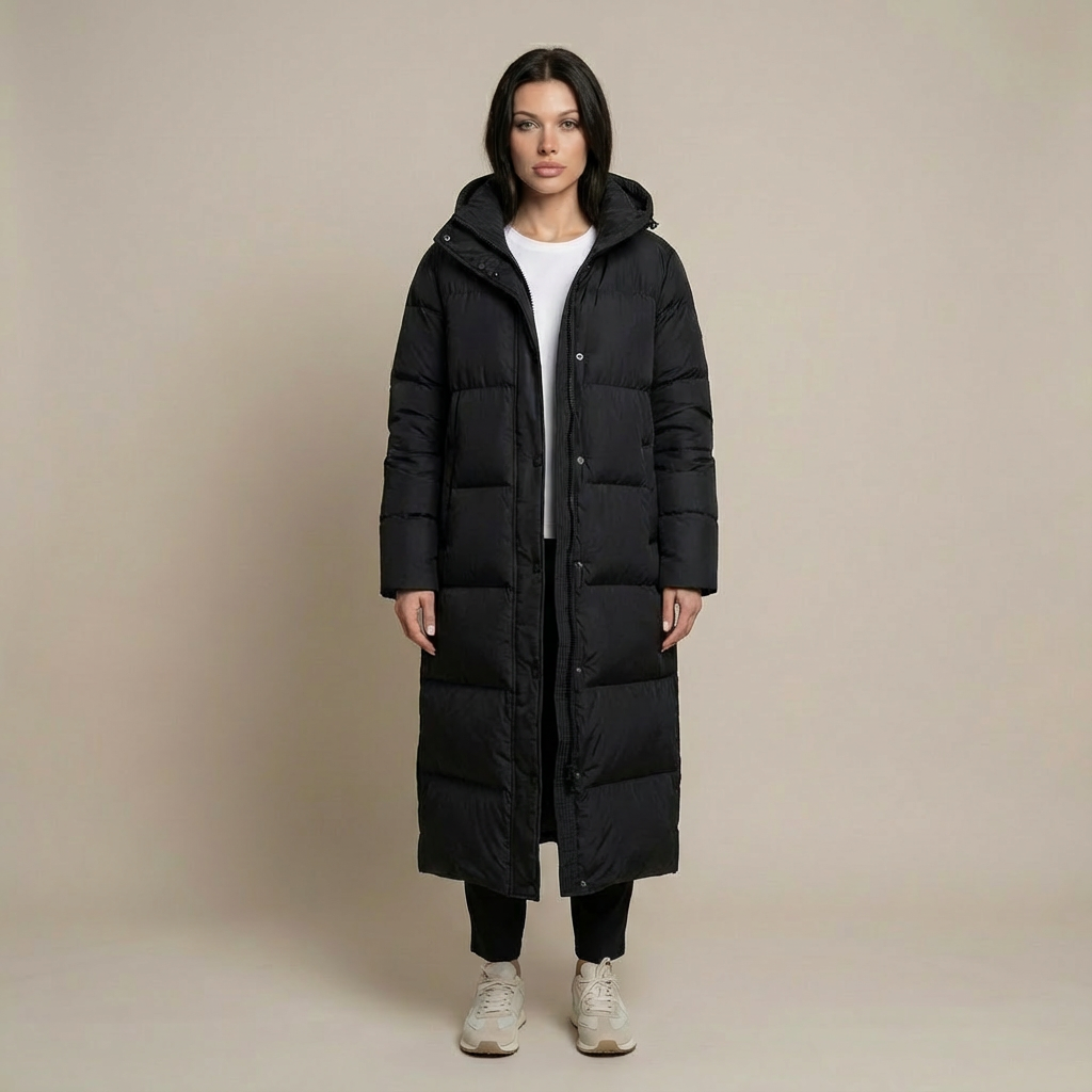 Płaszcz Zimowy Damski Długi Pikowany Maxi z Kapturem