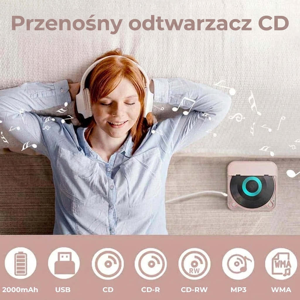 Przenośny odtwarzacz CD Bluetooth | mały discman, mp3, USB-C, akumulator