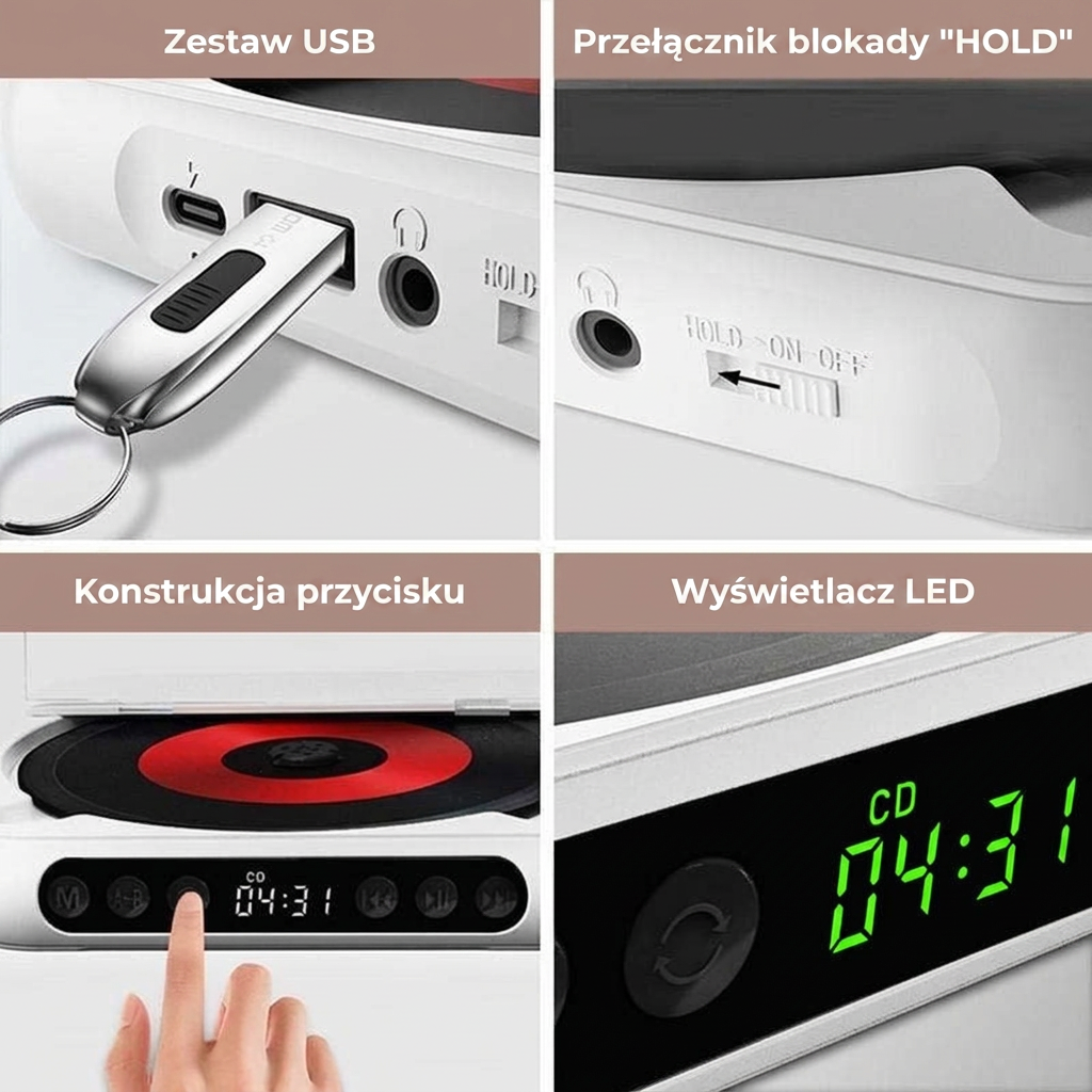 Przenośny odtwarzacz CD Bluetooth | mały discman, mp3, USB-C, akumulator