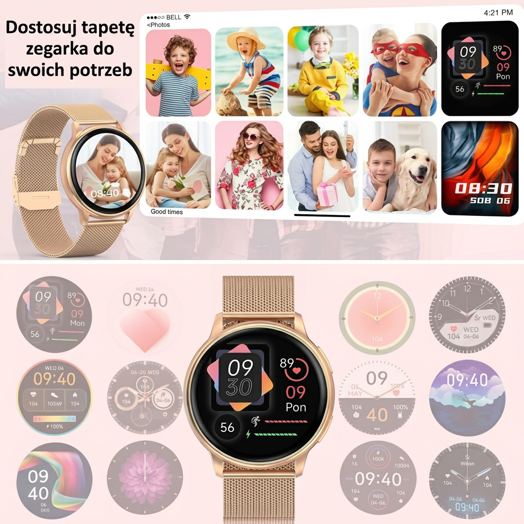 Smartwatch dla Kobiet z Monitorowaniem Tętna i Funkcją Fitness – Wodoodporny, Bluetooth, Kompatybilny z iOS i Android