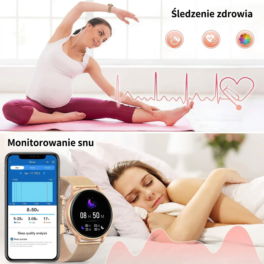 Smartwatch dla Kobiet z Monitorowaniem Tętna i Funkcją Fitness – Wodoodporny, Bluetooth, Kompatybilny z iOS i Android