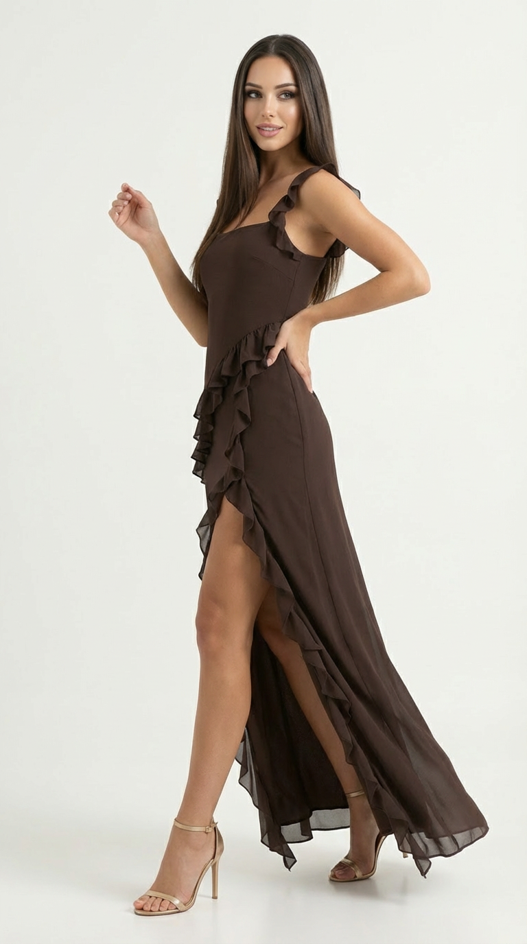 Sukienka Maxi Wieczorowa z Falbankami i Rozcięciem - Różne Kolory