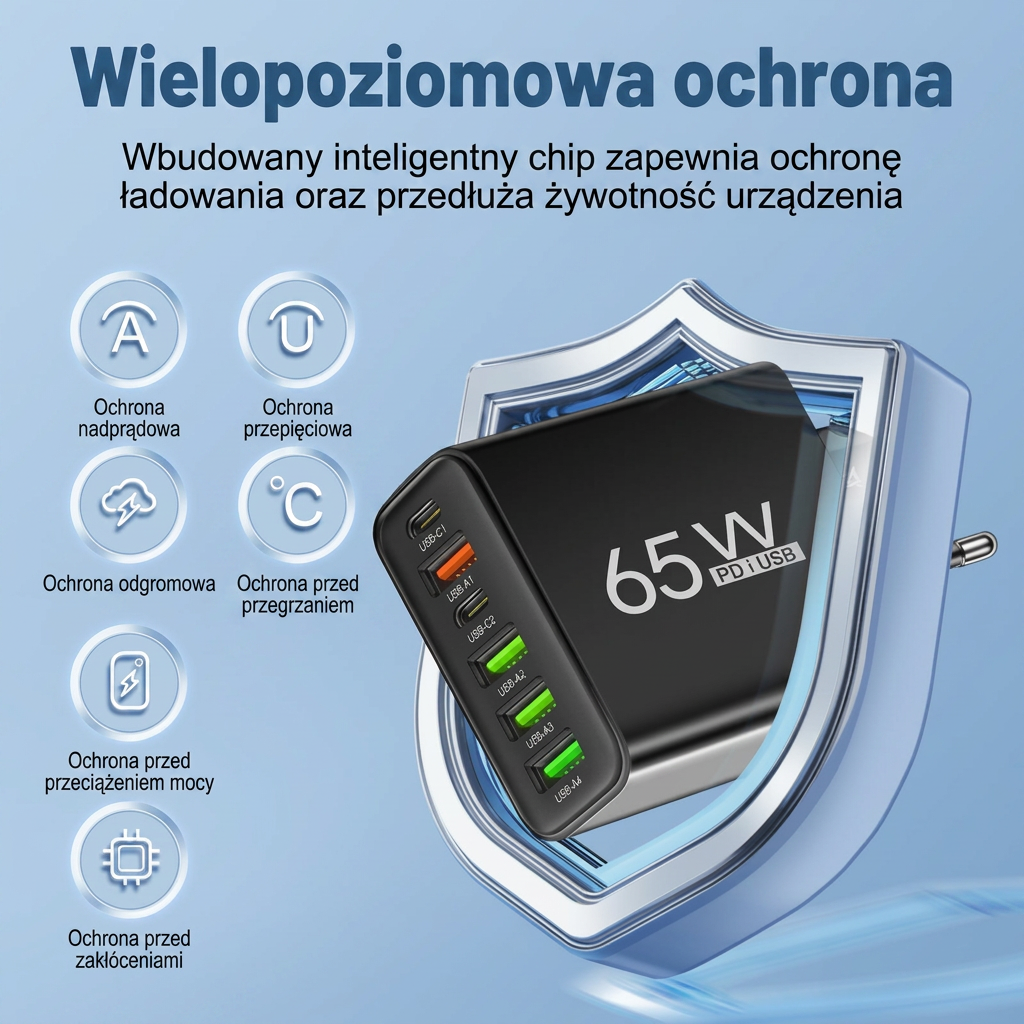 Szybka Ładowarka Sieciowa 65W Multiport | Ładowarka USB C i USB A na 6 Urządzeń do Telefonu i Laptopa