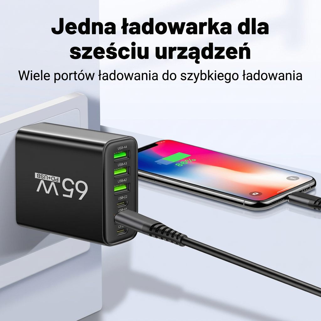 Szybka Ładowarka Sieciowa 65W Multiport | Ładowarka USB C i USB A na 6 Urządzeń do Telefonu i Laptopa
