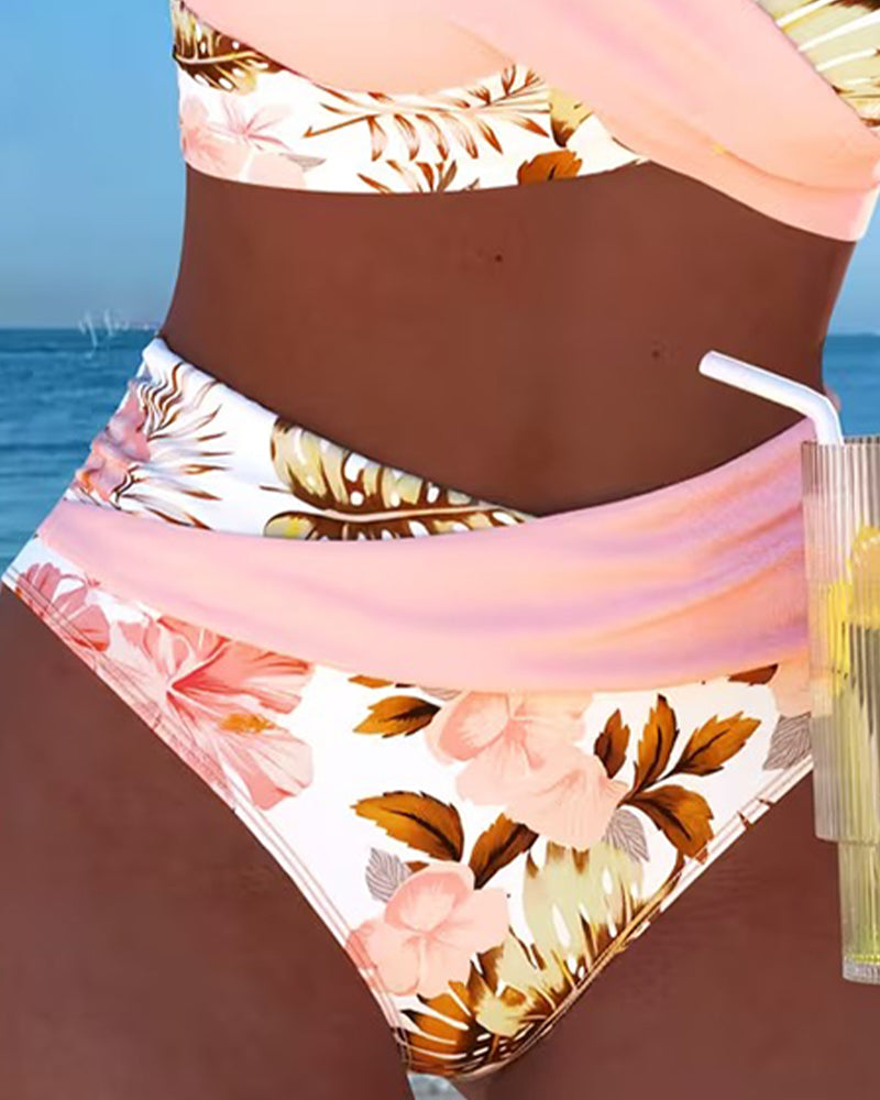 Bikini damskie w kwiaty z wysokim stanem i dekoltem V, dwuczęściowy strój kąpielowy na plażę i na lato - view 4