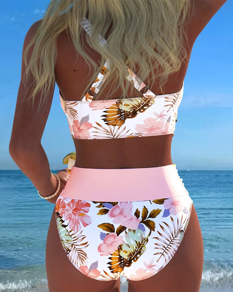 Bikini damskie w kwiaty z wysokim stanem i dekoltem V, dwuczęściowy strój kąpielowy na plażę i na lato - view 6