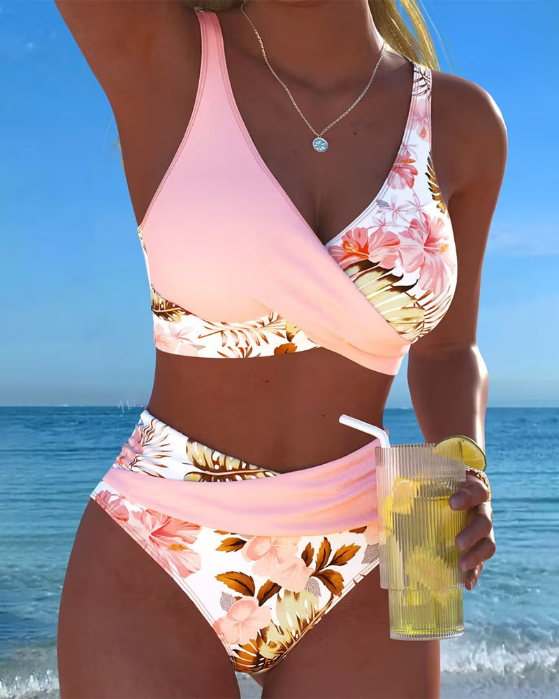 Bikini damskie w kwiaty z wysokim stanem i dekoltem V, dwuczęściowy strój kąpielowy na plażę i na lato - Różowy