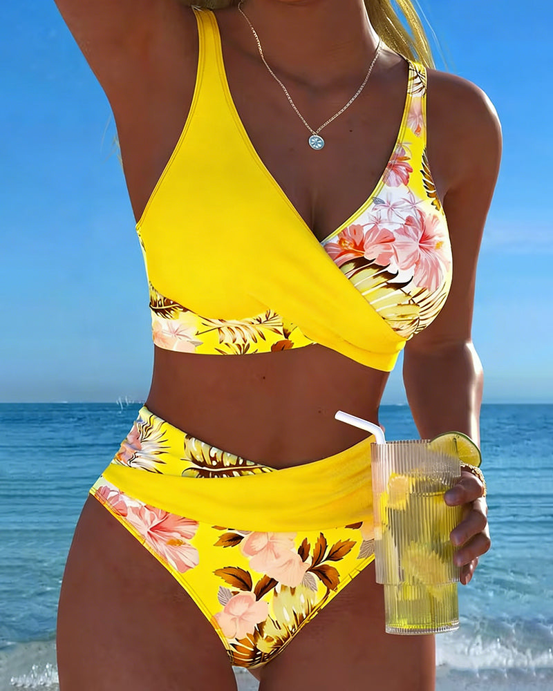 Bikini damskie w kwiaty z wysokim stanem i dekoltem V, dwuczęściowy strój kąpielowy na plażę i na lato - Żółty