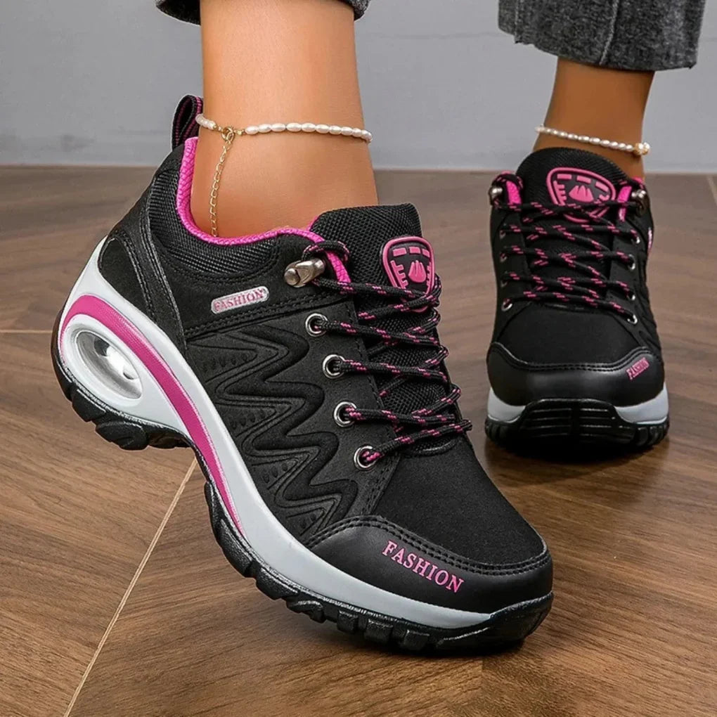 Buty trekkingowe damskie sportowe, sznurowane na poduszce powietrznej, na co dzień i w góry - Czarny