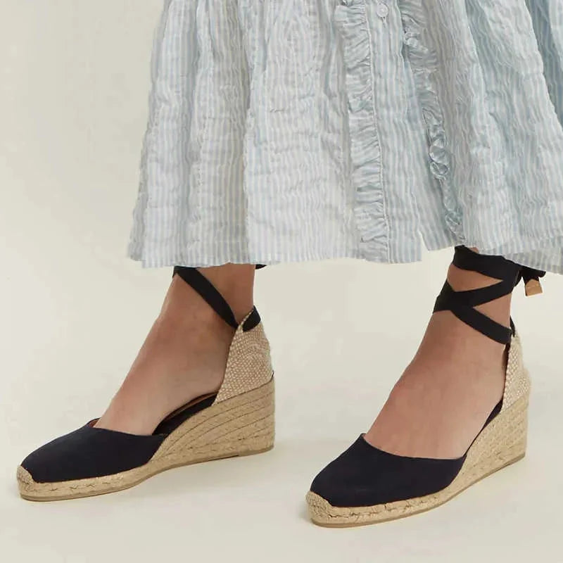 Espadryle damskie na koturnie wiązane wokół kostki, na lato i wakacje - Czarny