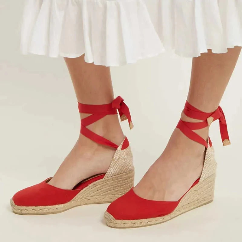 Espadryle damskie na koturnie wiązane wokół kostki, na lato i wakacje - Czerwony