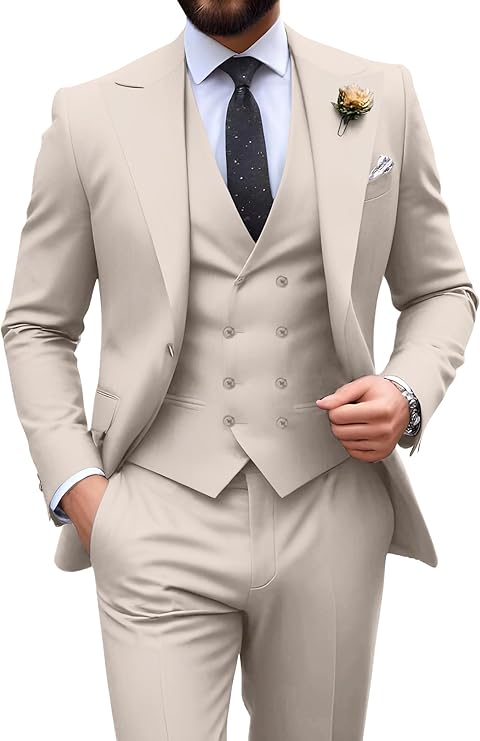 Garnitur męski slim fit trzyczęściowy z kamizelką, na wesele i studniówkę - Beżowy