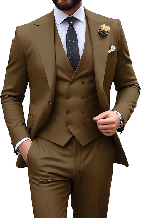 Garnitur męski slim fit trzyczęściowy z kamizelką, na wesele i studniówkę - Brązowy