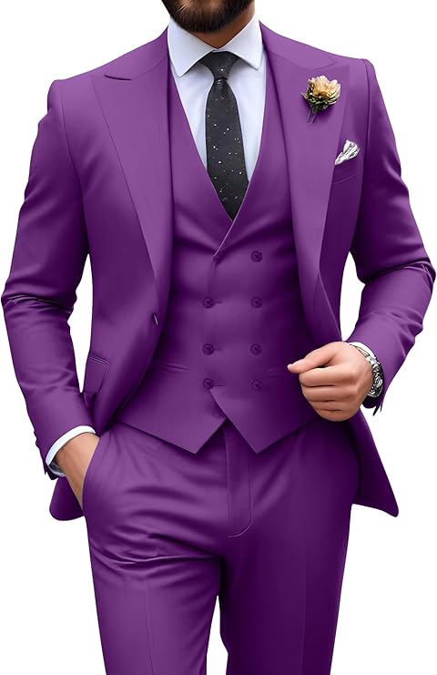 Garnitur męski slim fit trzyczęściowy z kamizelką, na wesele i studniówkę - Fioletowy
