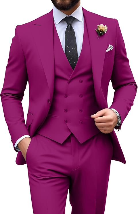 Garnitur męski slim fit trzyczęściowy z kamizelką, na wesele i studniówkę - Fuksja