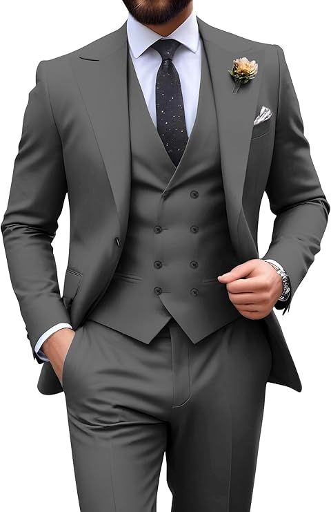 Garnitur męski slim fit trzyczęściowy z kamizelką, na wesele i studniówkę - Jasnoszary