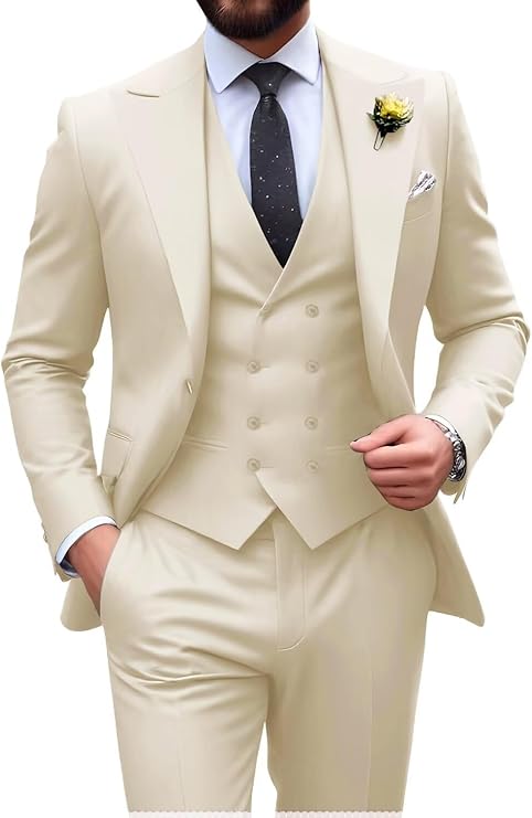 Garnitur męski slim fit trzyczęściowy z kamizelką, na wesele i studniówkę - Kremowy