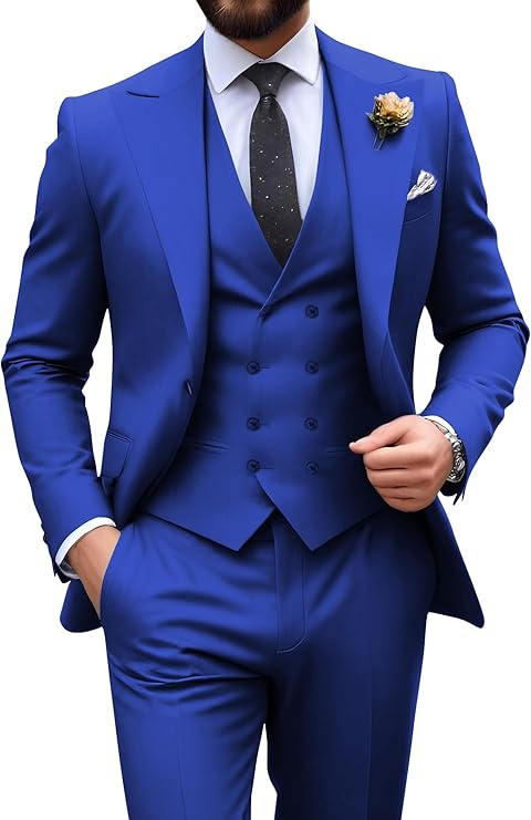 Garnitur męski slim fit trzyczęściowy z kamizelką, na wesele i studniówkę - Królewski błękit