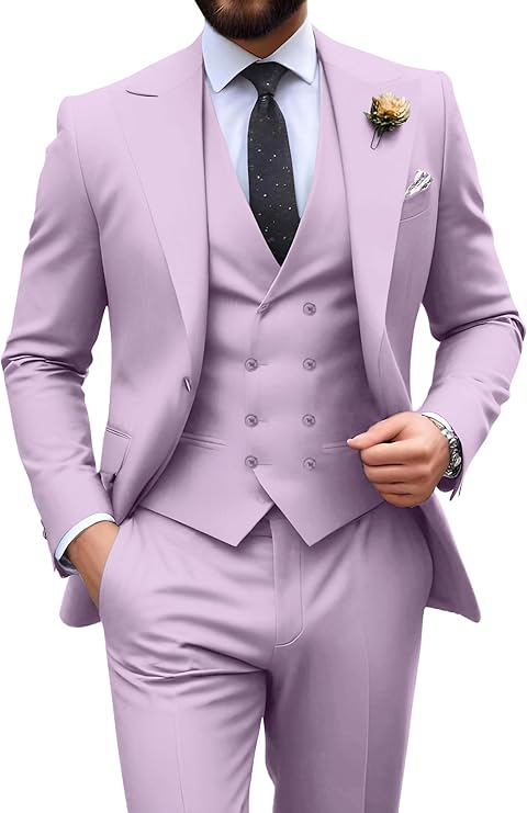 Garnitur męski slim fit trzyczęściowy z kamizelką, na wesele i studniówkę - Liliowy