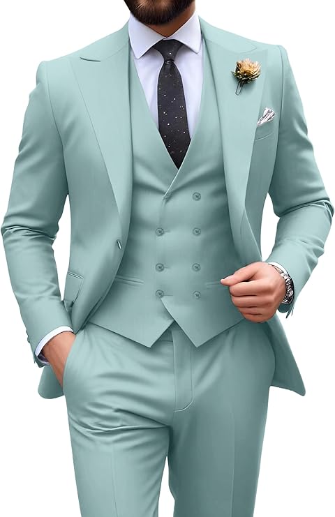 Garnitur męski slim fit trzyczęściowy z kamizelką, na wesele i studniówkę - Miętowy zielony