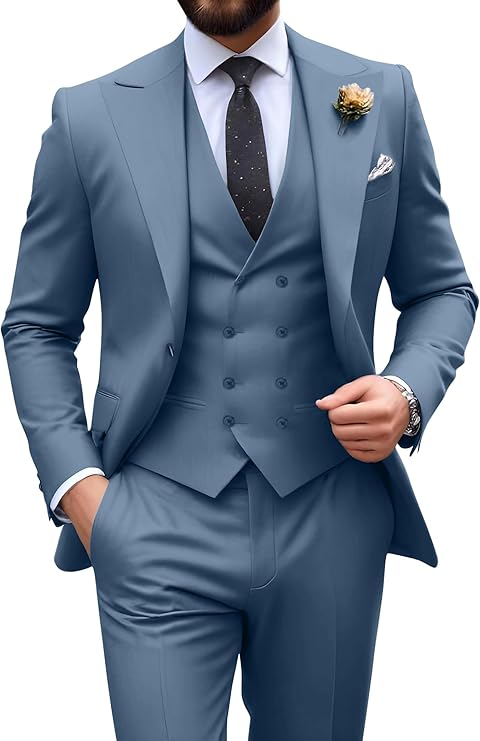 Garnitur męski slim fit trzyczęściowy z kamizelką, na wesele i studniówkę - Niebieski denim