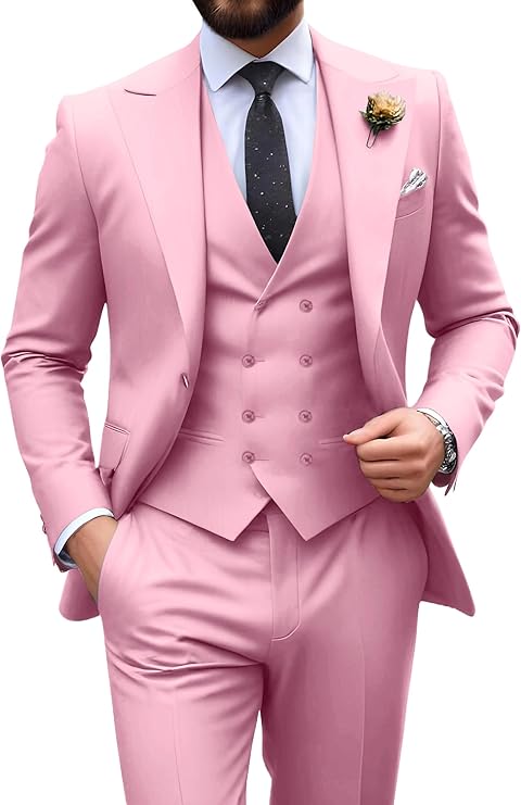 Garnitur męski slim fit trzyczęściowy z kamizelką, na wesele i studniówkę - Różowy