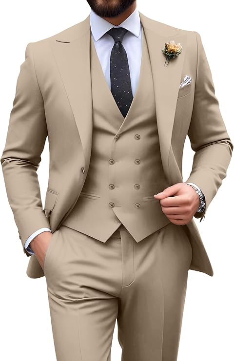 Garnitur męski slim fit trzyczęściowy z kamizelką, na wesele i studniówkę - Szampański