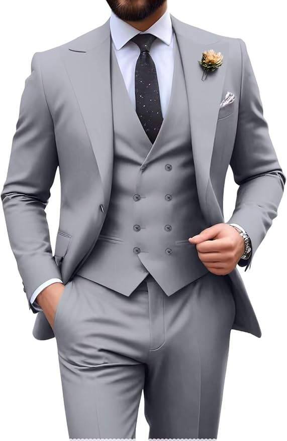 Garnitur męski slim fit trzyczęściowy z kamizelką, na wesele i studniówkę - Szary