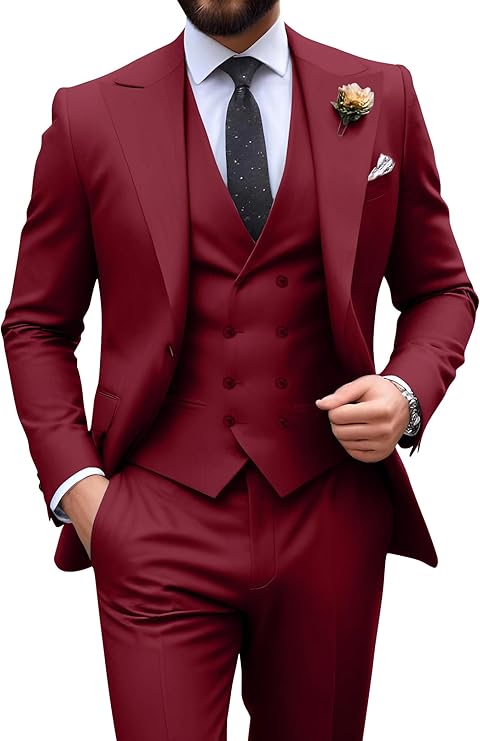 Garnitur męski slim fit trzyczęściowy z kamizelką, na wesele i studniówkę - Wino czerwone