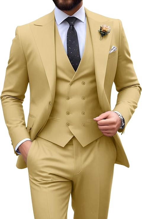 Garnitur męski slim fit trzyczęściowy z kamizelką, na wesele i studniówkę - Złoty