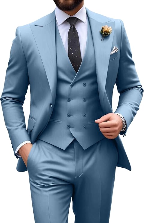 Garnitur męski slim fit trzyczęściowy z kamizelką, na wesele i studniówkę - Zakurzony niebieski
