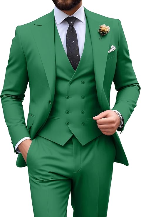 Garnitur męski slim fit trzyczęściowy z kamizelką, na wesele i studniówkę - Zielony