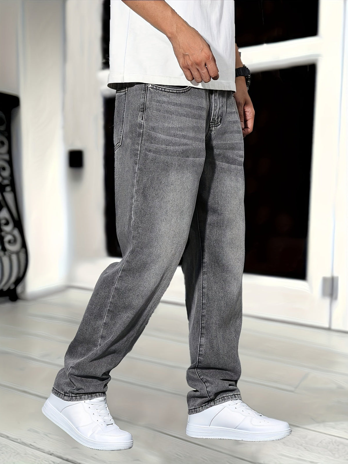 Jeansy męskie proste, klasyczne spodnie jeansowe na co dzień - regular fit, denim - Szary