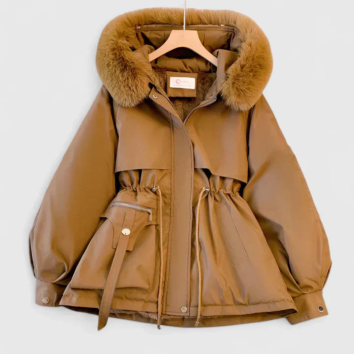 Kurtka zimowa damska parka z futerkiem i kapturem, ocieplana i elegancka - Brązowy