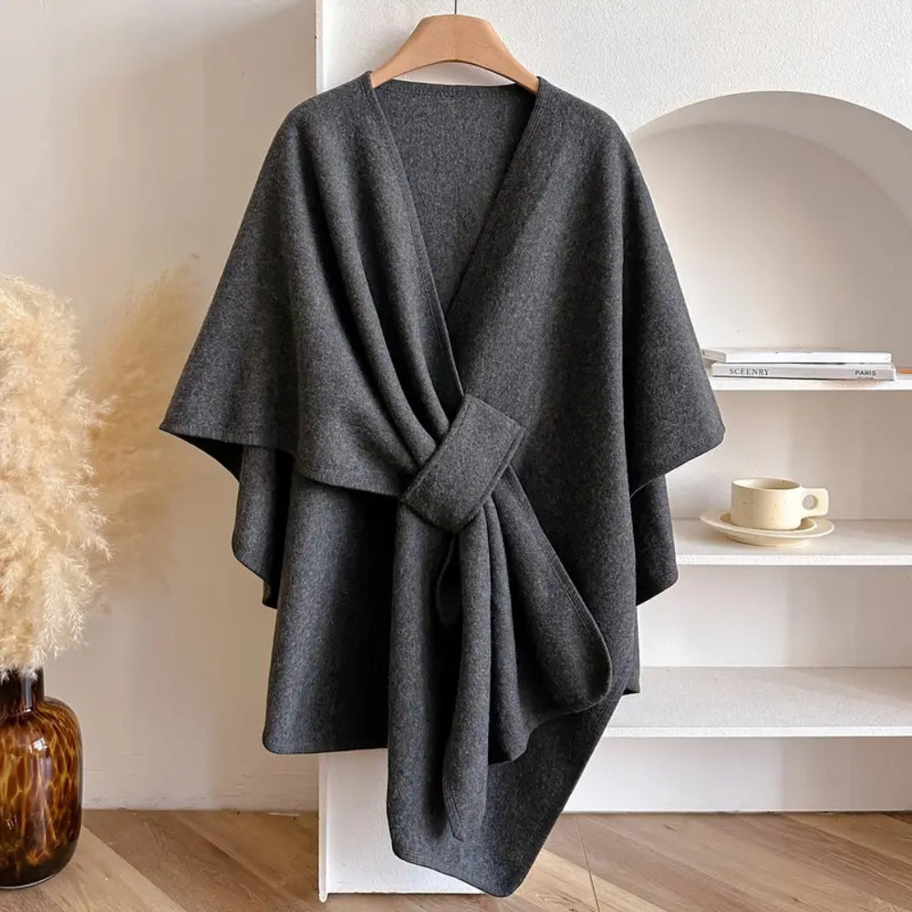 Narzutka damska w stylu ponczo z szalowym kołnierzem, na jesień i zimę - peleryna - Ciemnoszary