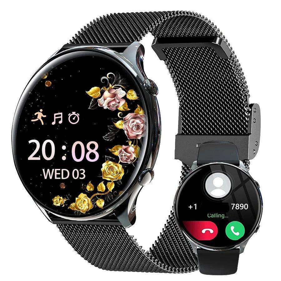 Smartwatch damski z funkcją dzwonienia, pomiarem tętna i krokomierzem, fitness tracker na co dzień - Czarny
