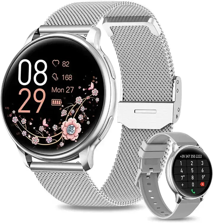 Smartwatch damski z funkcją dzwonienia, pomiarem tętna i krokomierzem, fitness tracker na co dzień - Srebrny