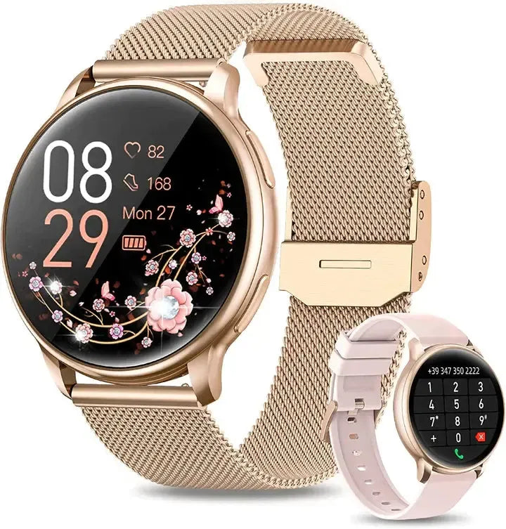 Smartwatch damski z funkcją dzwonienia, pomiarem tętna i krokomierzem, fitness tracker na co dzień - Złoty
