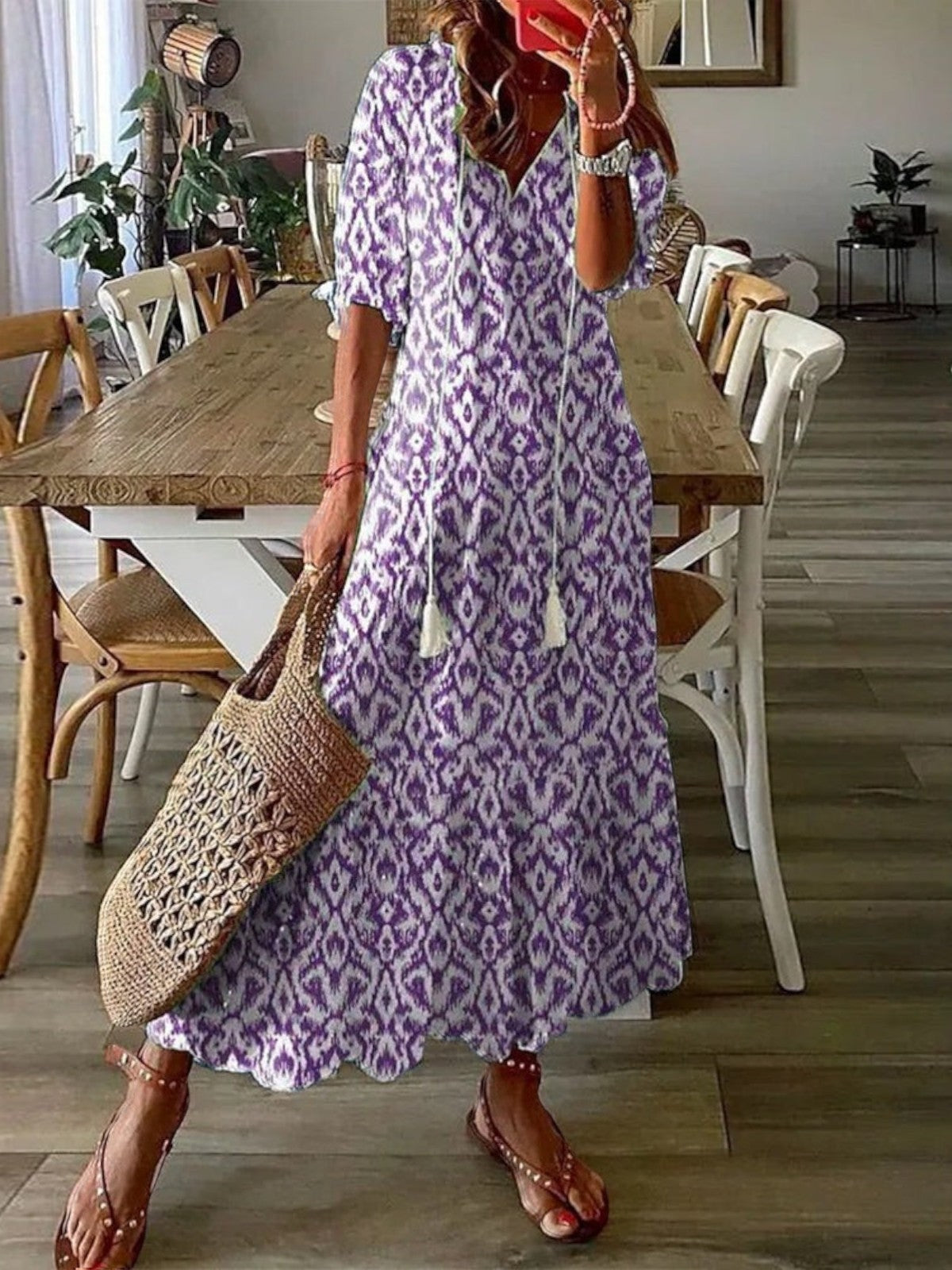 Sukienka damska maxi w kwiaty z dekoltem V, boho na lato i na plażę - Fioletowy