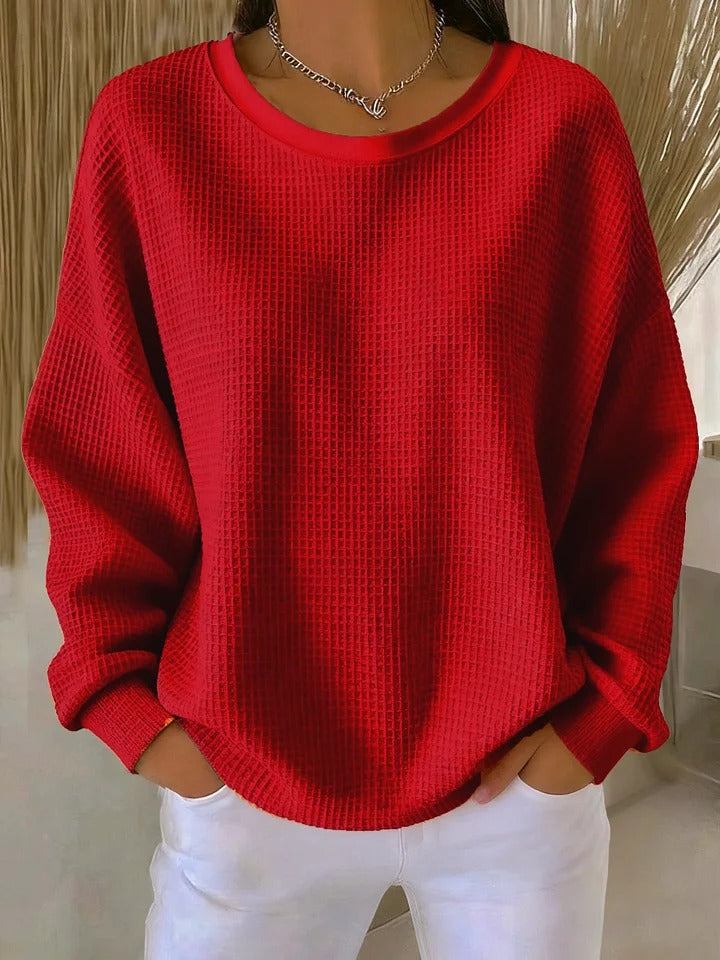Sweter damski oversize z okrągłym dekoltem, luźny dzianinowy na co dzień i na jesień - Czerwony