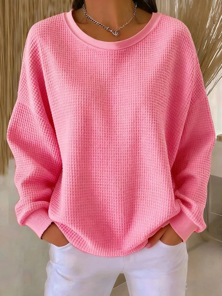 Sweter damski oversize z okrągłym dekoltem, luźny dzianinowy na co dzień i na jesień - Różowy