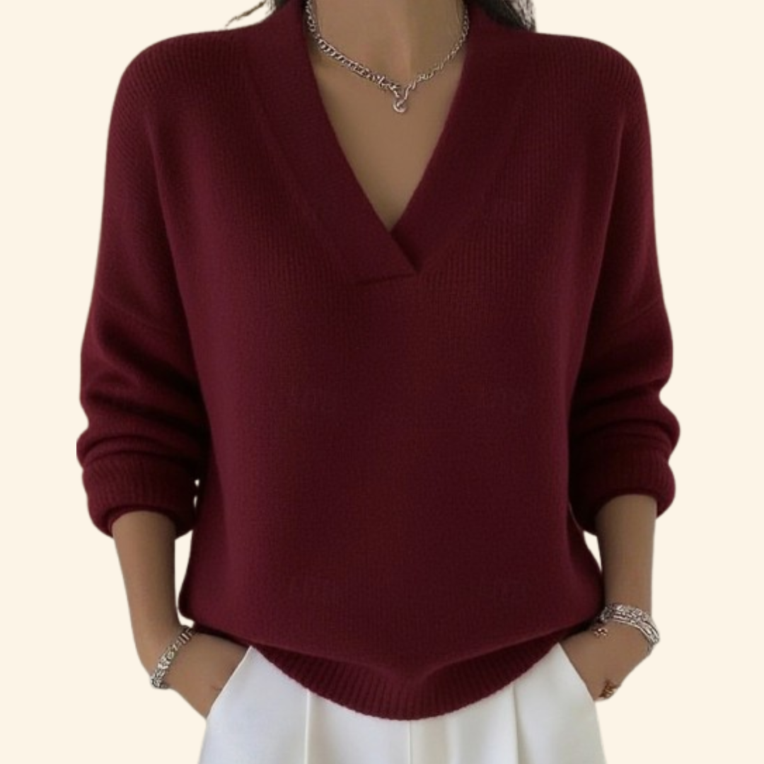 Sweter damski z dekoltem V, elegancki i luźny, na jesień i na co dzień - Czerwony