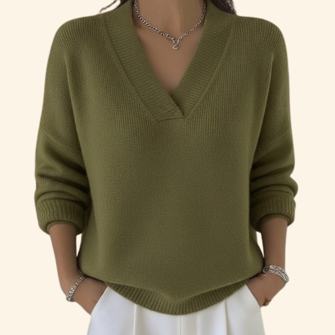 Sweter damski z dekoltem V, elegancki i luźny, na jesień i na co dzień - Zielony