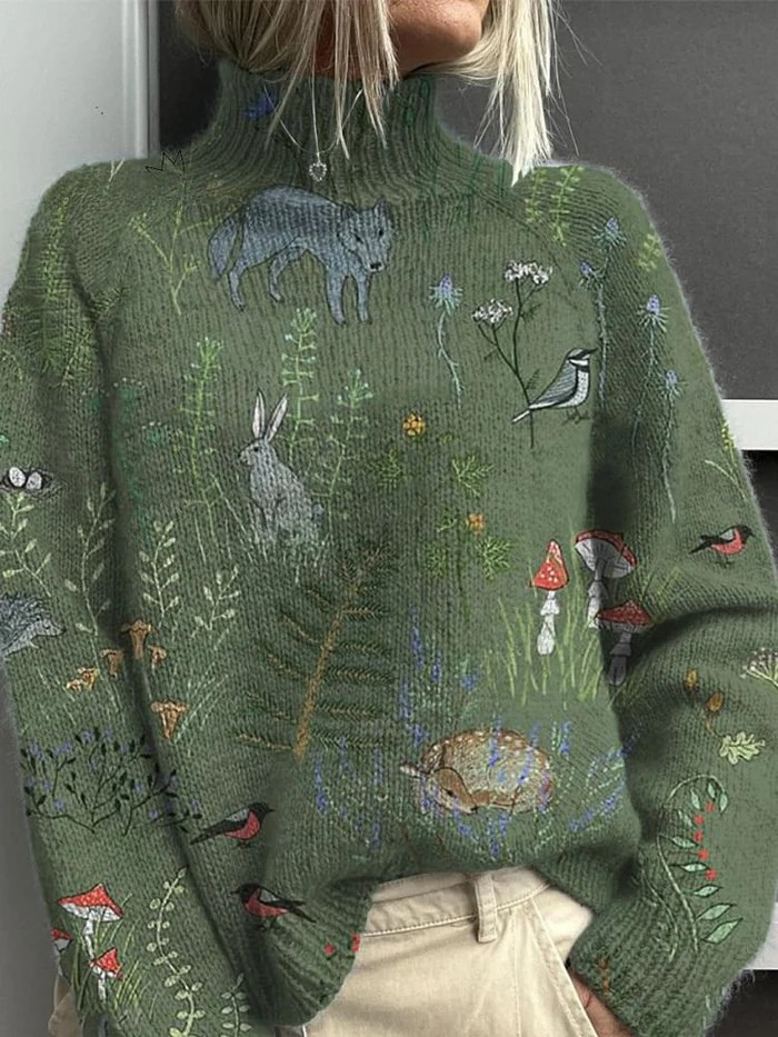 Sweter damski z golfem, oversize, ciepły dzianinowy na zimę - Zielony