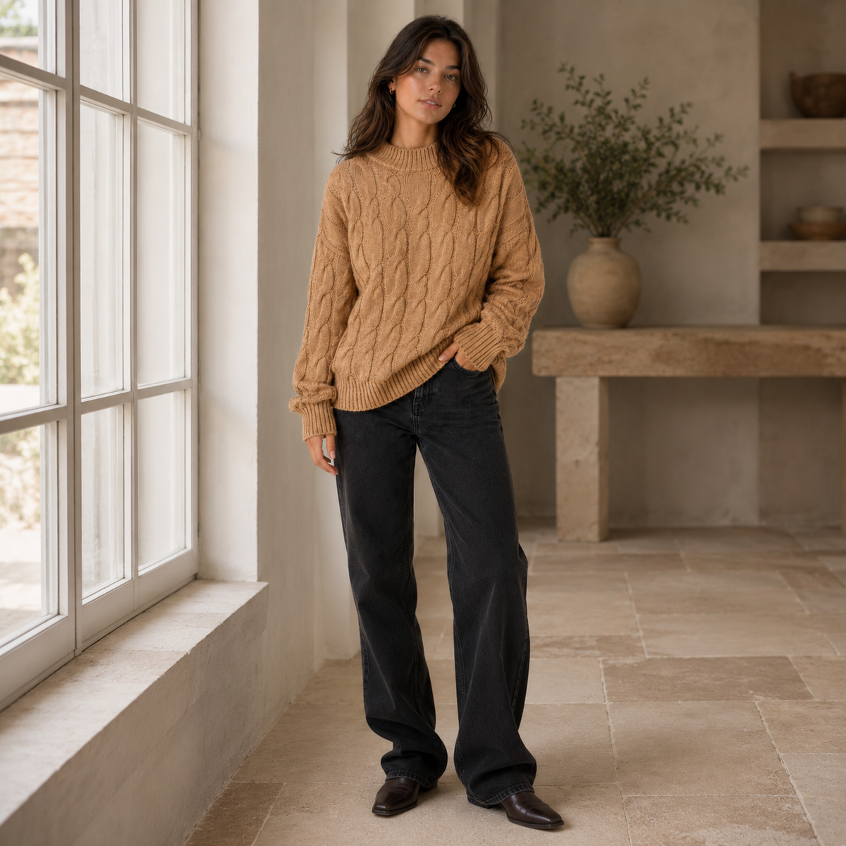 Sweter damski z wełny merino, warkoczowy splot, oversize, na jesień i zimę - view 17